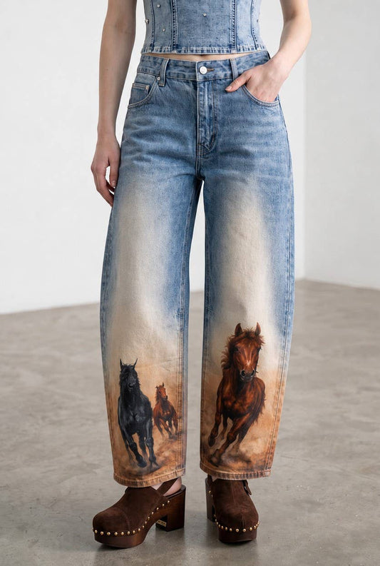 60213P Horse Printed Barrel Leg Denim Pants