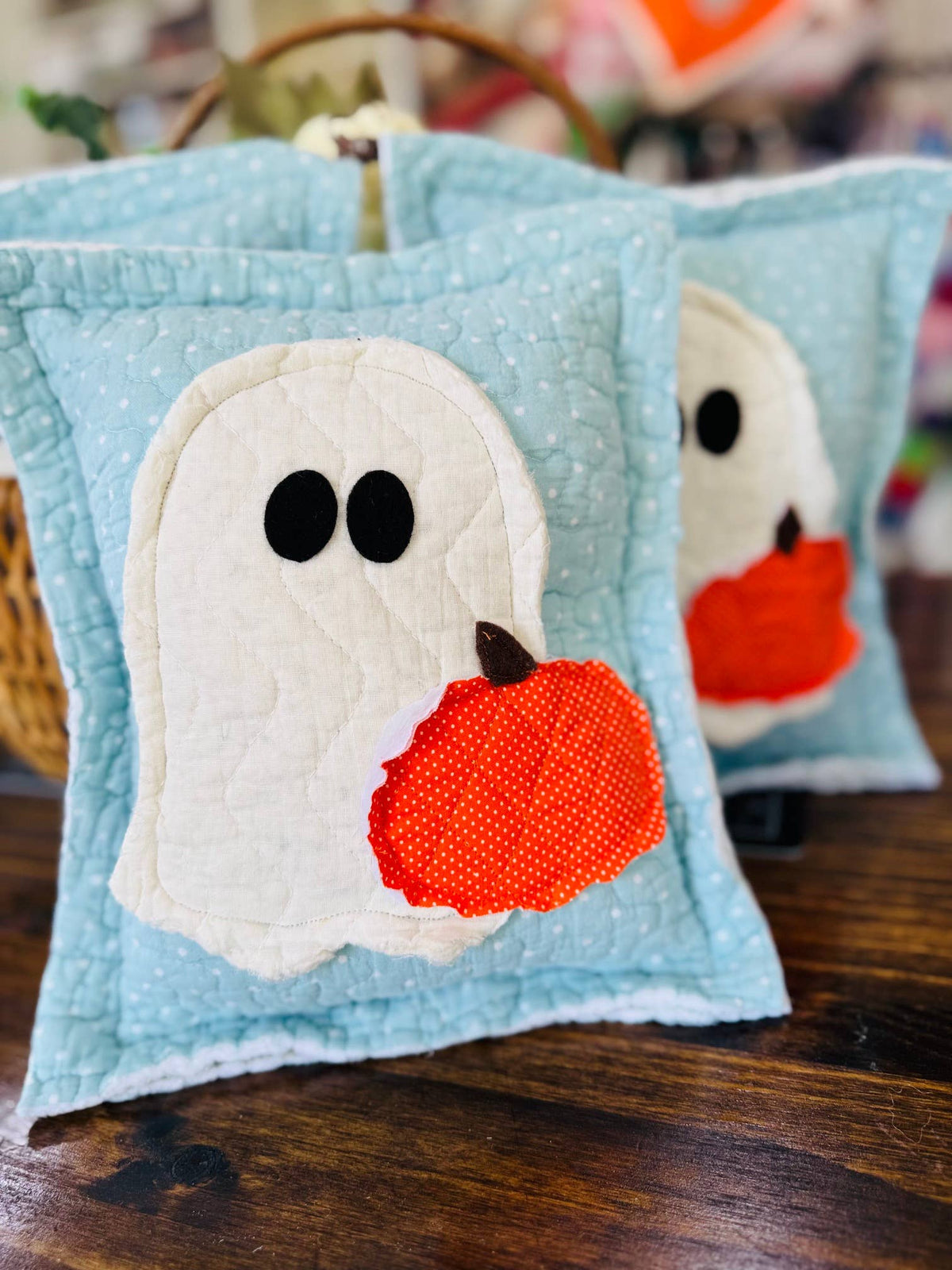 Reclaimed Fabric Ghost Pillow with Quilted Pumpkin – 9 x 12
