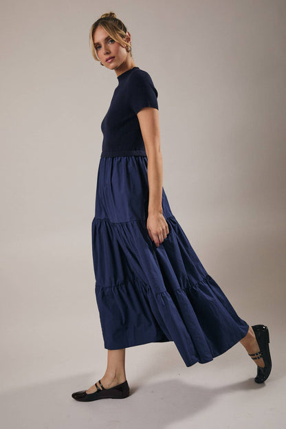 MOCK NECK SHORT SLEEVE KNIT & WOVEN MIX TIERED MIDI DRESS