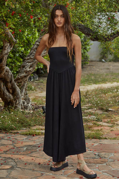 L9333 | Knit Polyester Spandex Tube Strapless Flare Jumpsuit