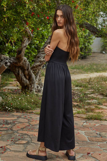 L9333 | Knit Polyester Spandex Tube Strapless Flare Jumpsuit