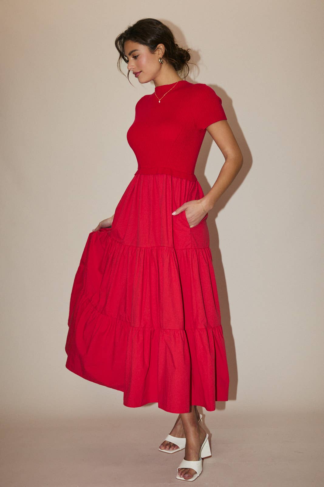 MOCK NECK SHORT SLEEVE KNIT & WOVEN MIX TIERED MIDI DRESS