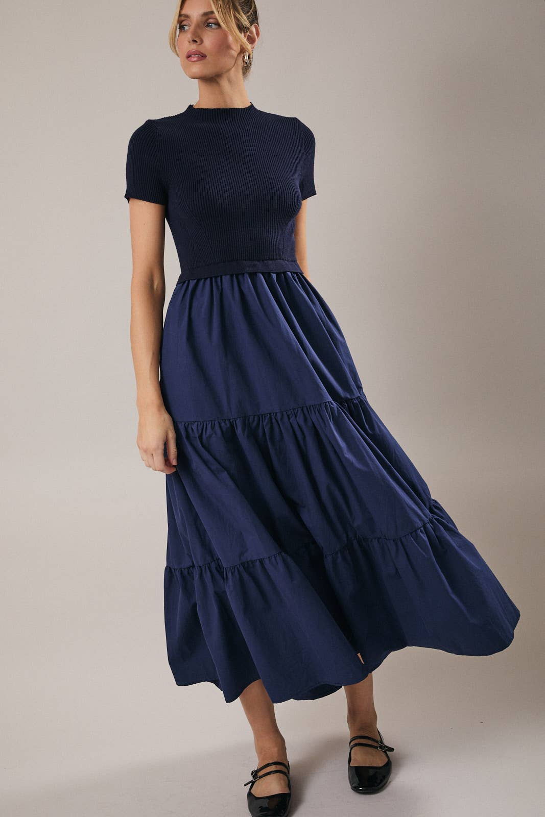 MOCK NECK SHORT SLEEVE KNIT & WOVEN MIX TIERED MIDI DRESS
