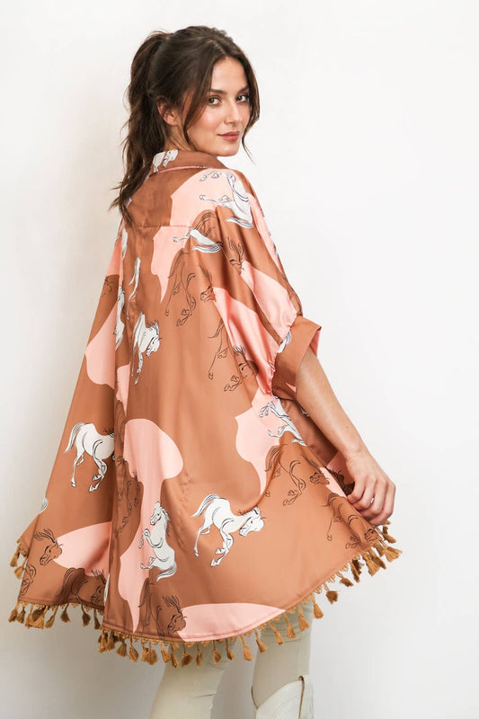 Horse Printed Hi-Low Tasseled Hem Shirt