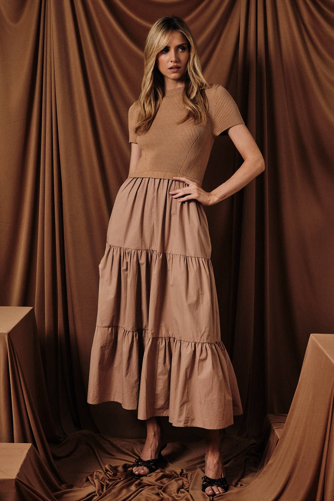 MOCK NECK SHORT SLEEVE KNIT & WOVEN MIX TIERED MIDI DRESS