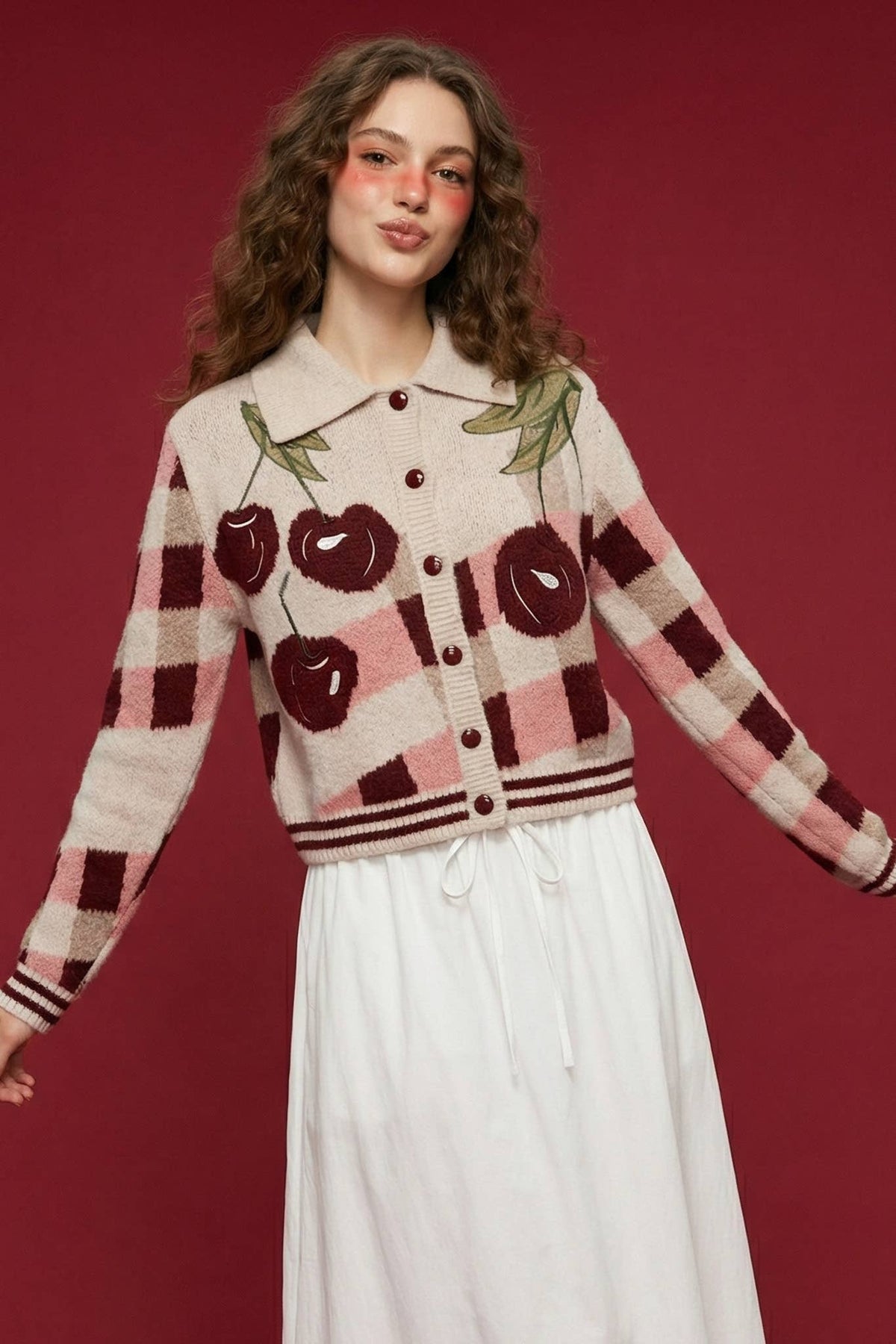 HWJ65174T-LONG SLV SCALLOPED COLLAR BUTTON UP SWEATER