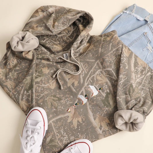 Flying Mallard Ducks Embroidered Deadwood Tree Camo Hoodie