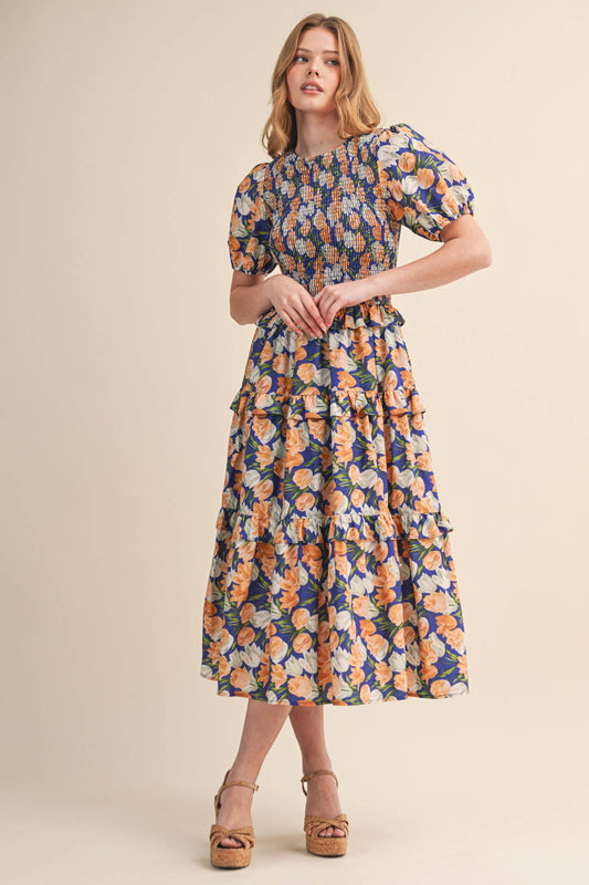 FLORAL SMOCKED BODICE MIDI DRESS MDR4545