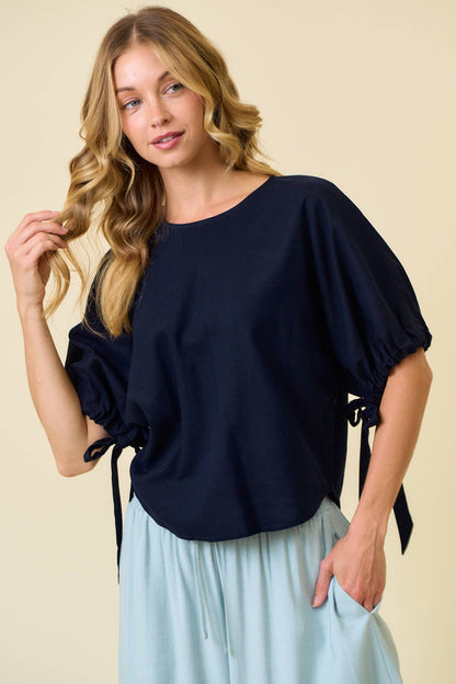 LINEN BLEND SLEEVE TIE DETAIL TOP