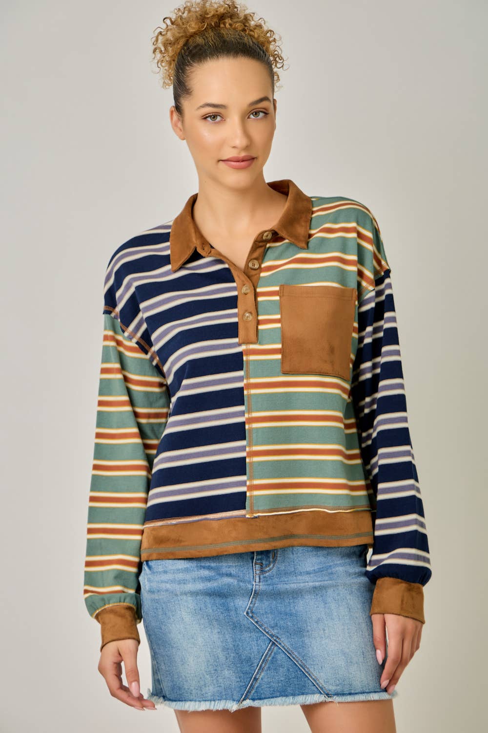 Mixed Stripe Suede Accent Polo Pullover