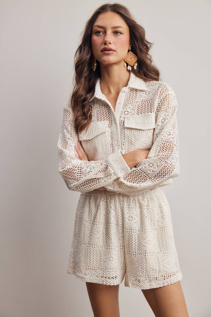 Crochet Lace Button-Front Pants Set FSET012