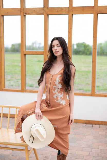 APRICOT DRESS with WESTERN STITCH APPLIQUE