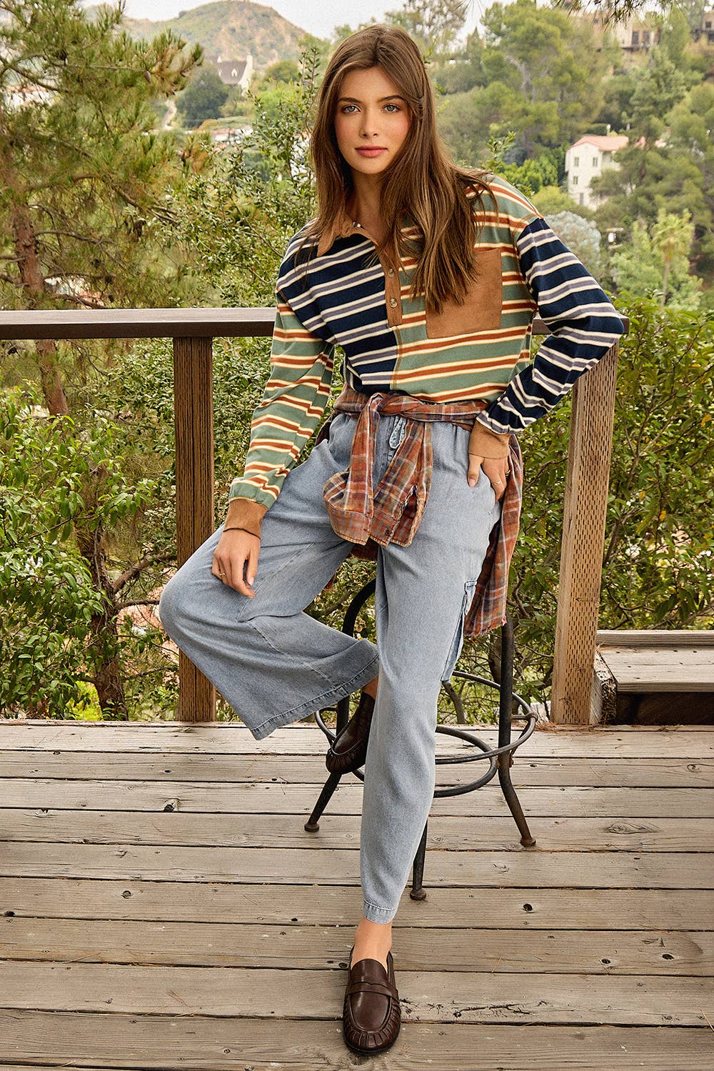 Mixed Stripe Suede Accent Polo Pullover