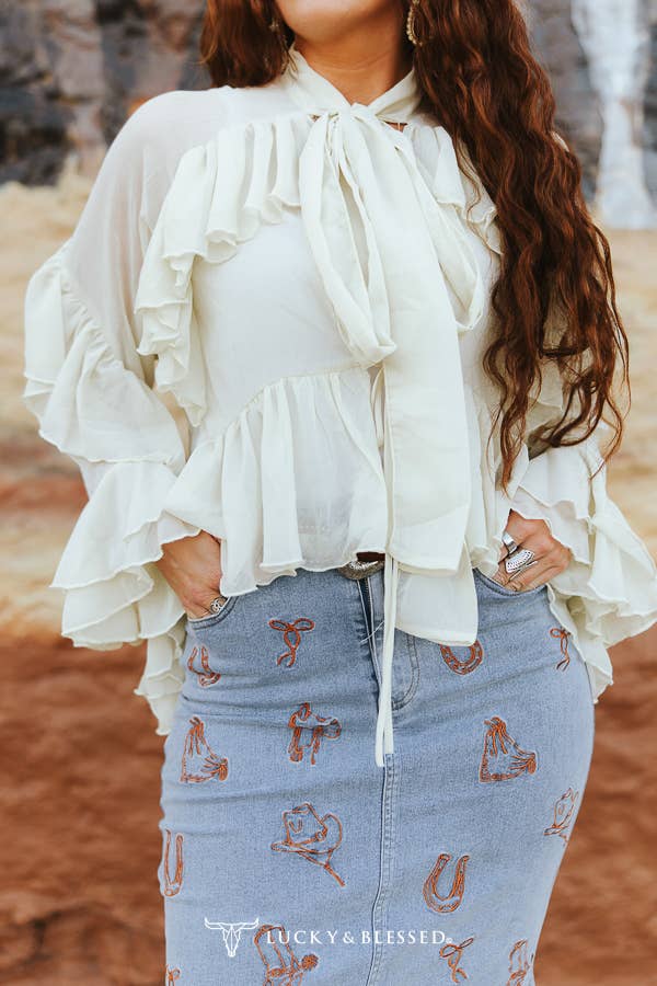 Ivory Long Sleeve Multi Tier Ruffle Front Tie Blouse