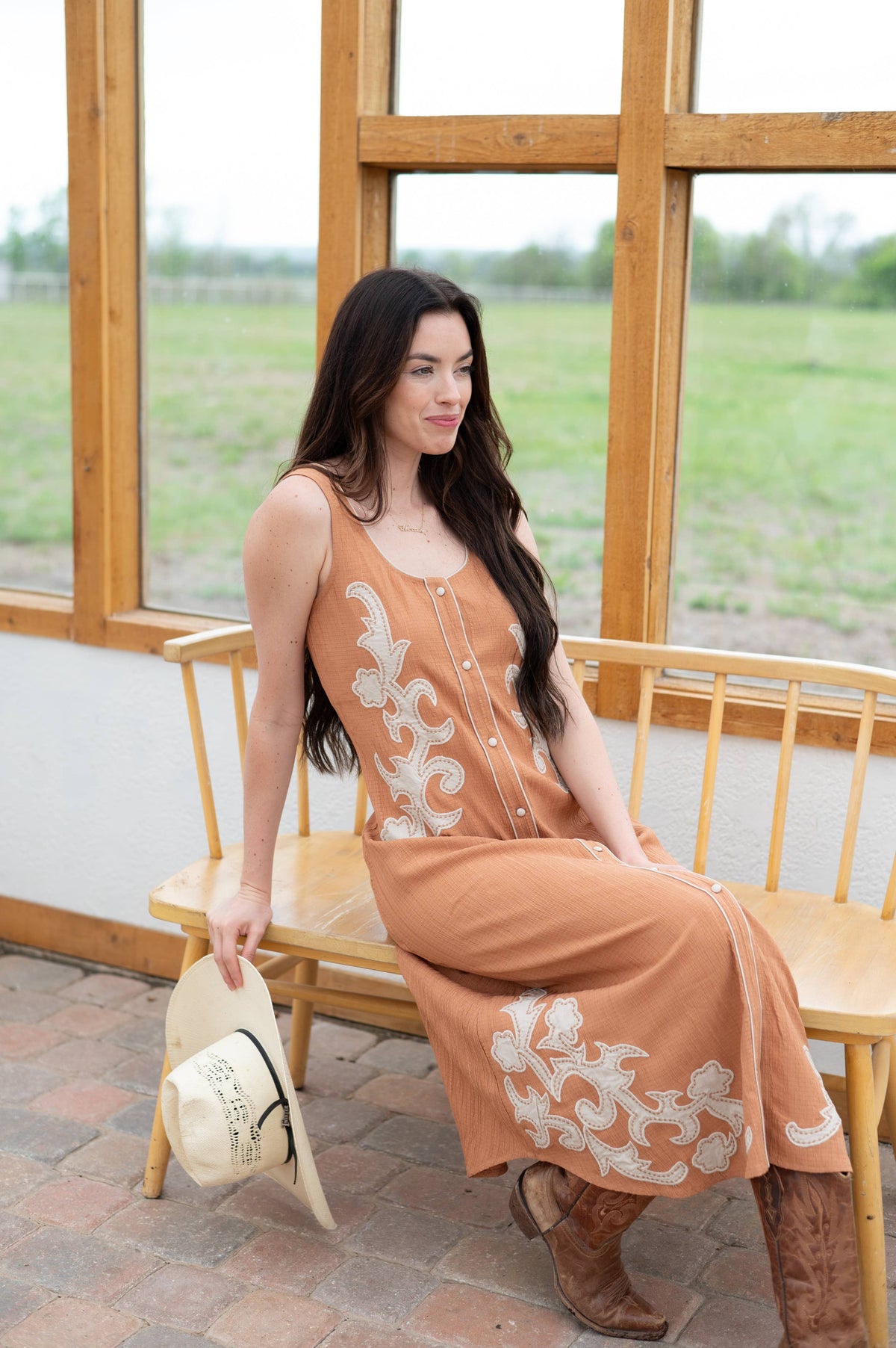 APRICOT DRESS with WESTERN STITCH APPLIQUE