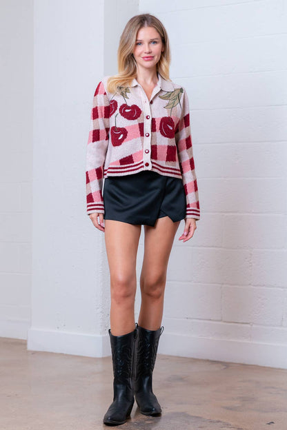 HWJ65174T-LONG SLV SCALLOPED COLLAR BUTTON UP SWEATER