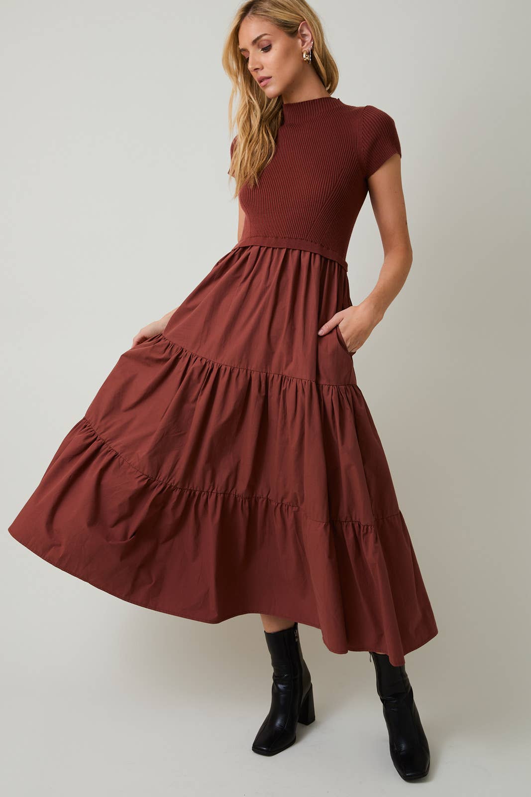 MOCK NECK SHORT SLEEVE KNIT & WOVEN MIX TIERED MIDI DRESS