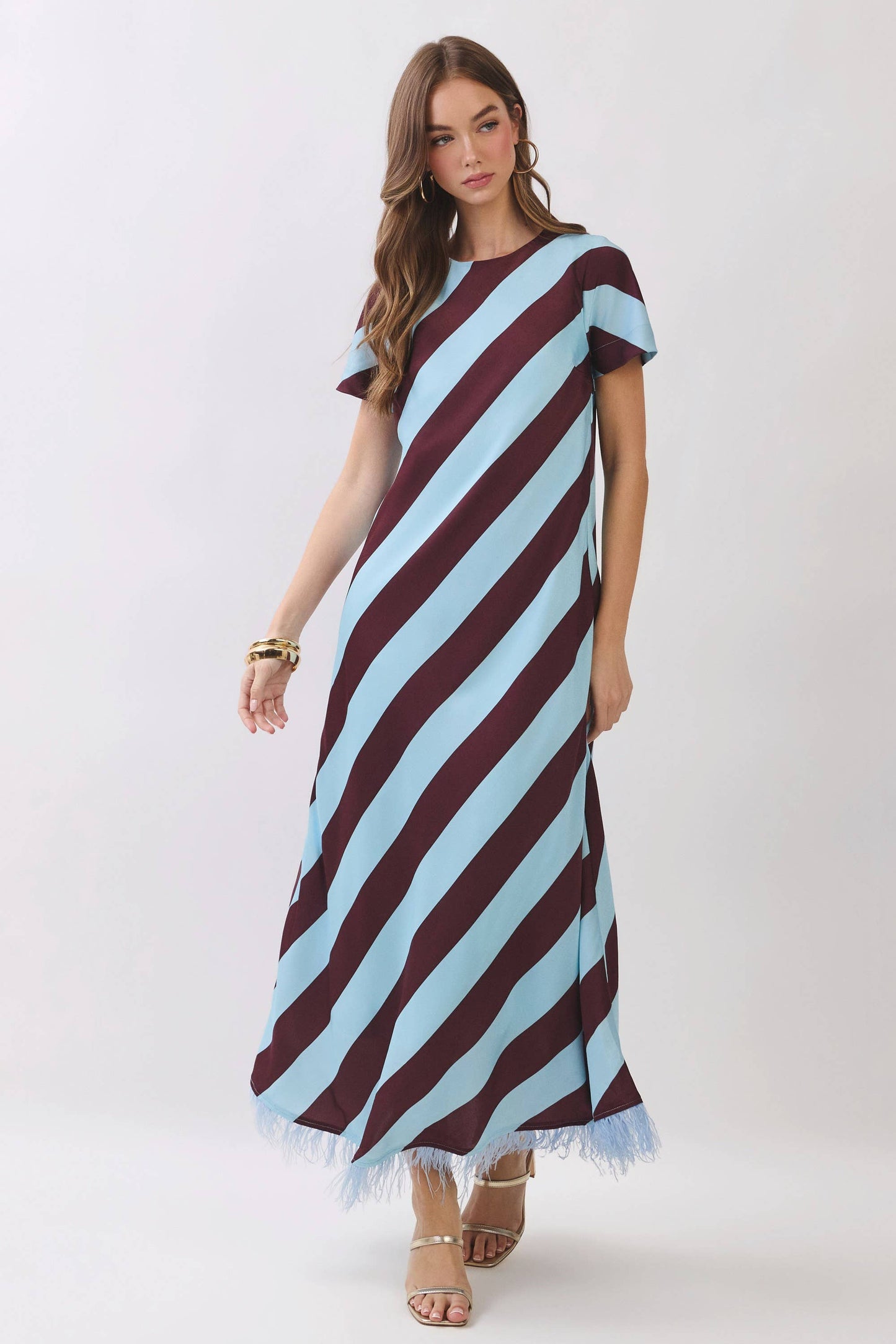 CD07188-Diagonal Stripe Feather Hem Maxi Dress