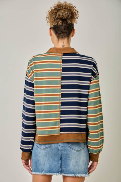 Mixed Stripe Suede Accent Polo Pullover