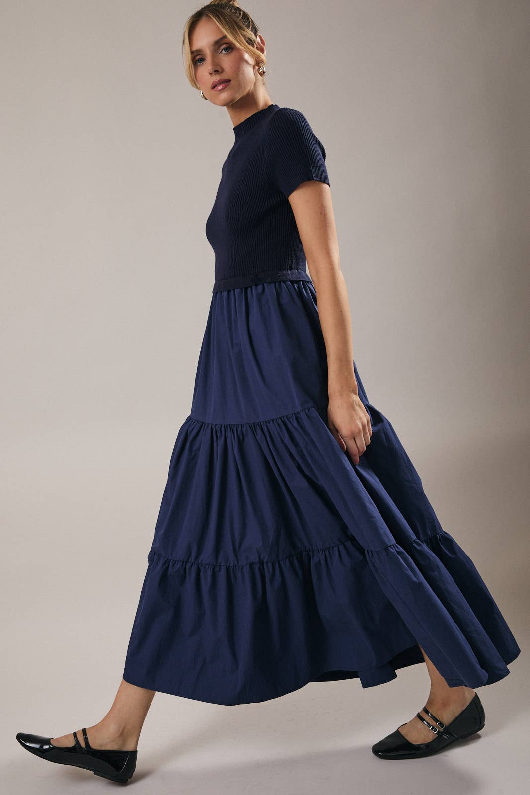 MOCK NECK SHORT SLEEVE KNIT & WOVEN MIX TIERED MIDI DRESS