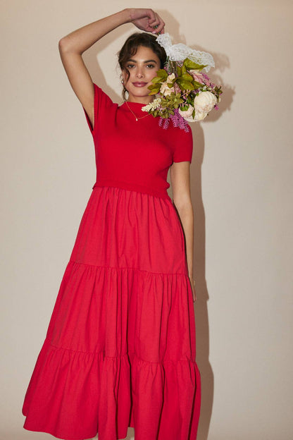 MOCK NECK SHORT SLEEVE KNIT & WOVEN MIX TIERED MIDI DRESS