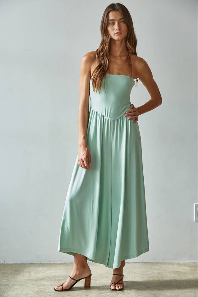 L9333 | Knit Polyester Spandex Tube Strapless Flare Jumpsuit