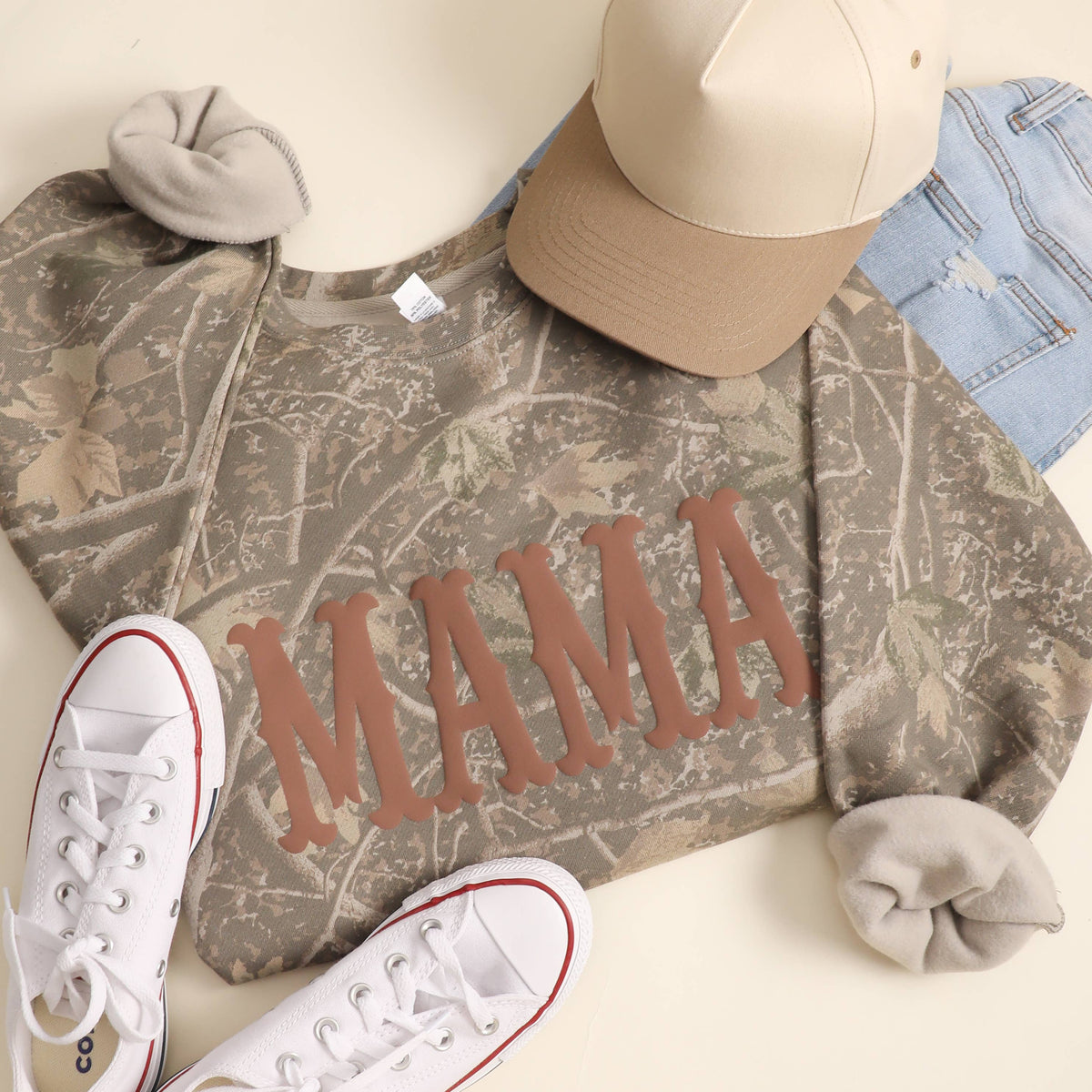 MAMA Puff Print Deadwood Tree Camo Crewneck Sweatshirt